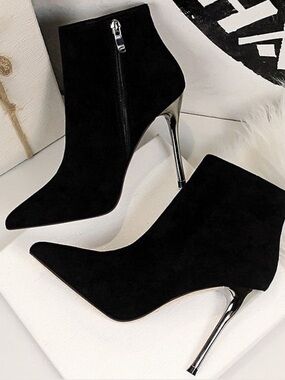 Sexy Suede Leather Pointed Toe Ankle Booties with Metallic Stiletto Heel